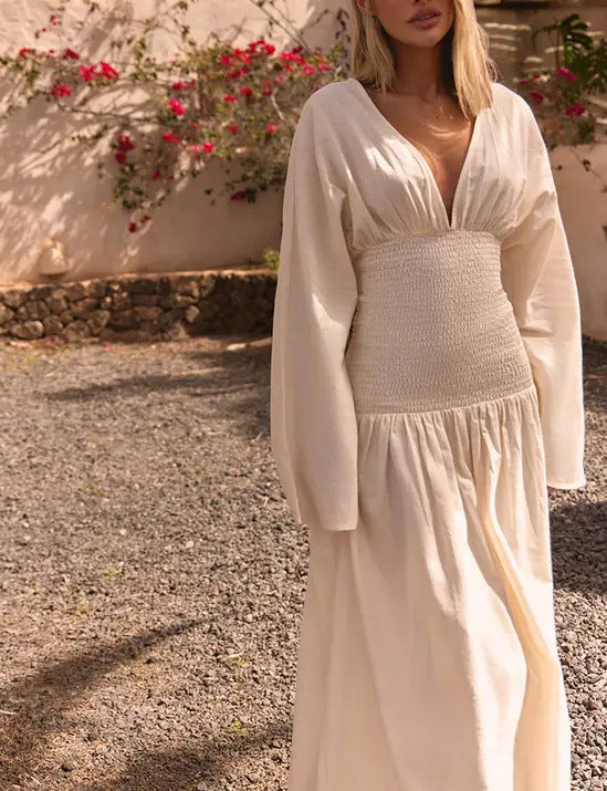 Damen Langes Boho-Maxi-Kleid mit Smock-Taillenband, tiefem V‑Ausschnitt und weiten Ballonärmeln Drune