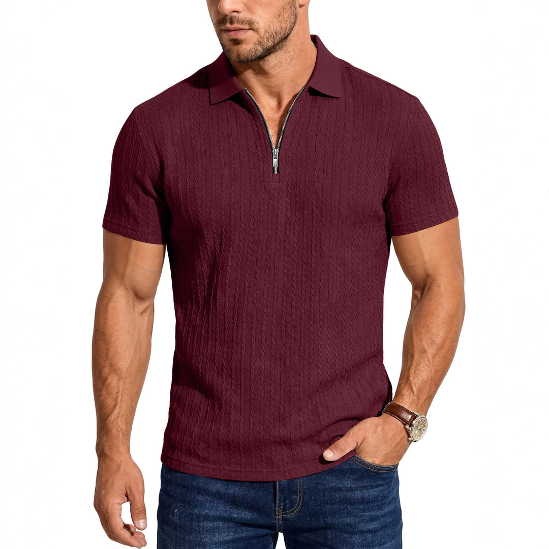 Herren Kurzarm-Strickpoloshirt mit Reißverschluss und Zopfstrickstruktur Drune