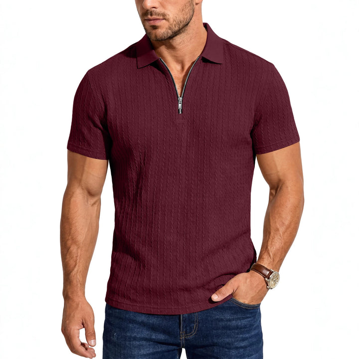 Herren Kurzarm-Strickpoloshirt mit Reißverschluss und Zopfstrickstruktur Drune