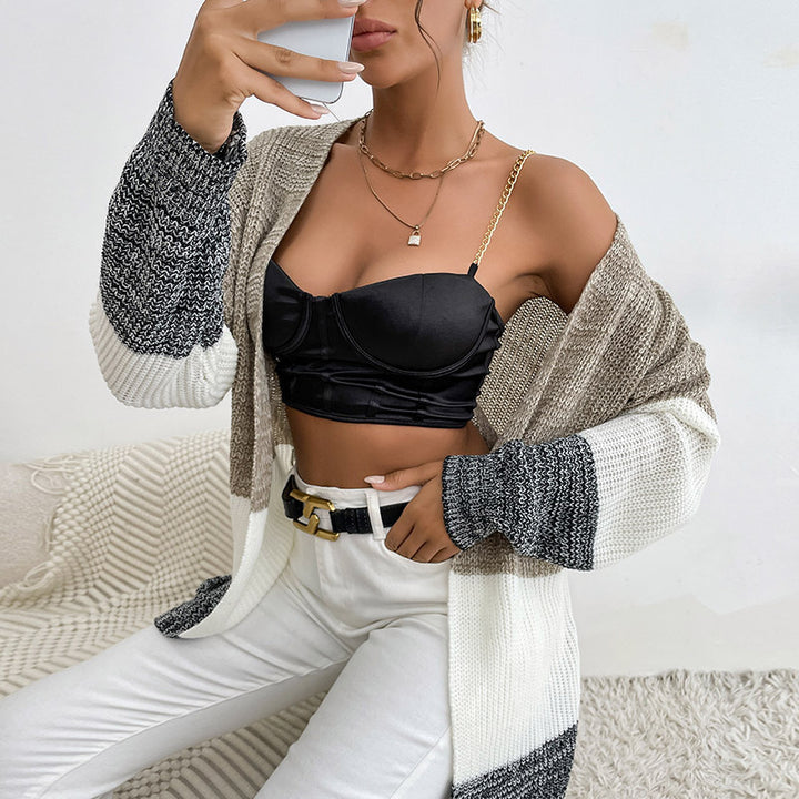 Damen Oversize Strick-Cardigan mit Colorblock-Maschenbild und offener Front Drune