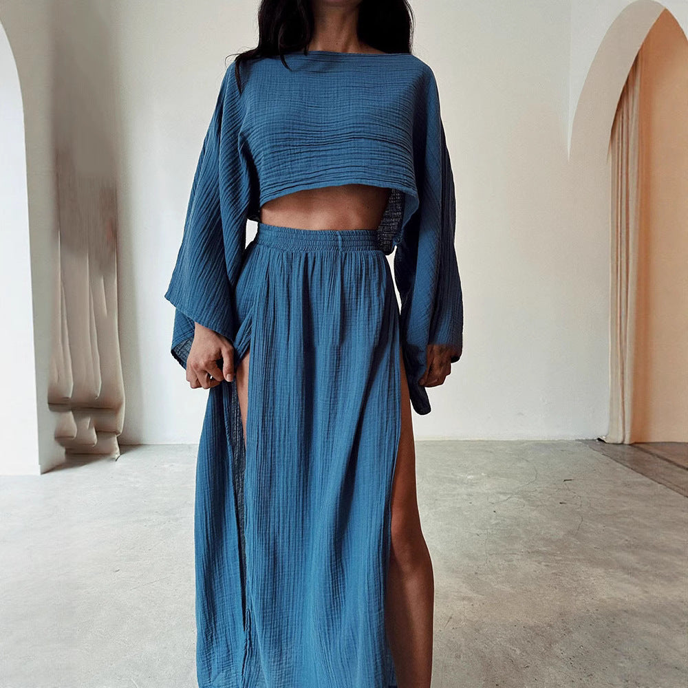 Damen luftiges Set aus cropped Oberteil und hoch geschnittenem Rock Drune