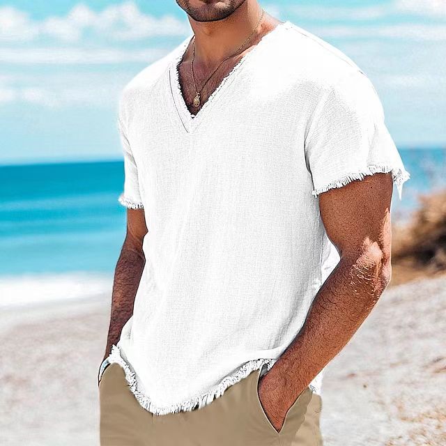 Herren lässiges V-Ausschnitt Shirt mit ausgefranstem Saum Drune