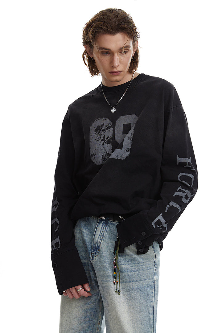 Herren Oversize-Longsleeve-Sweatshirt mit Print, verlängerten Manschetten und Used-Details Drune