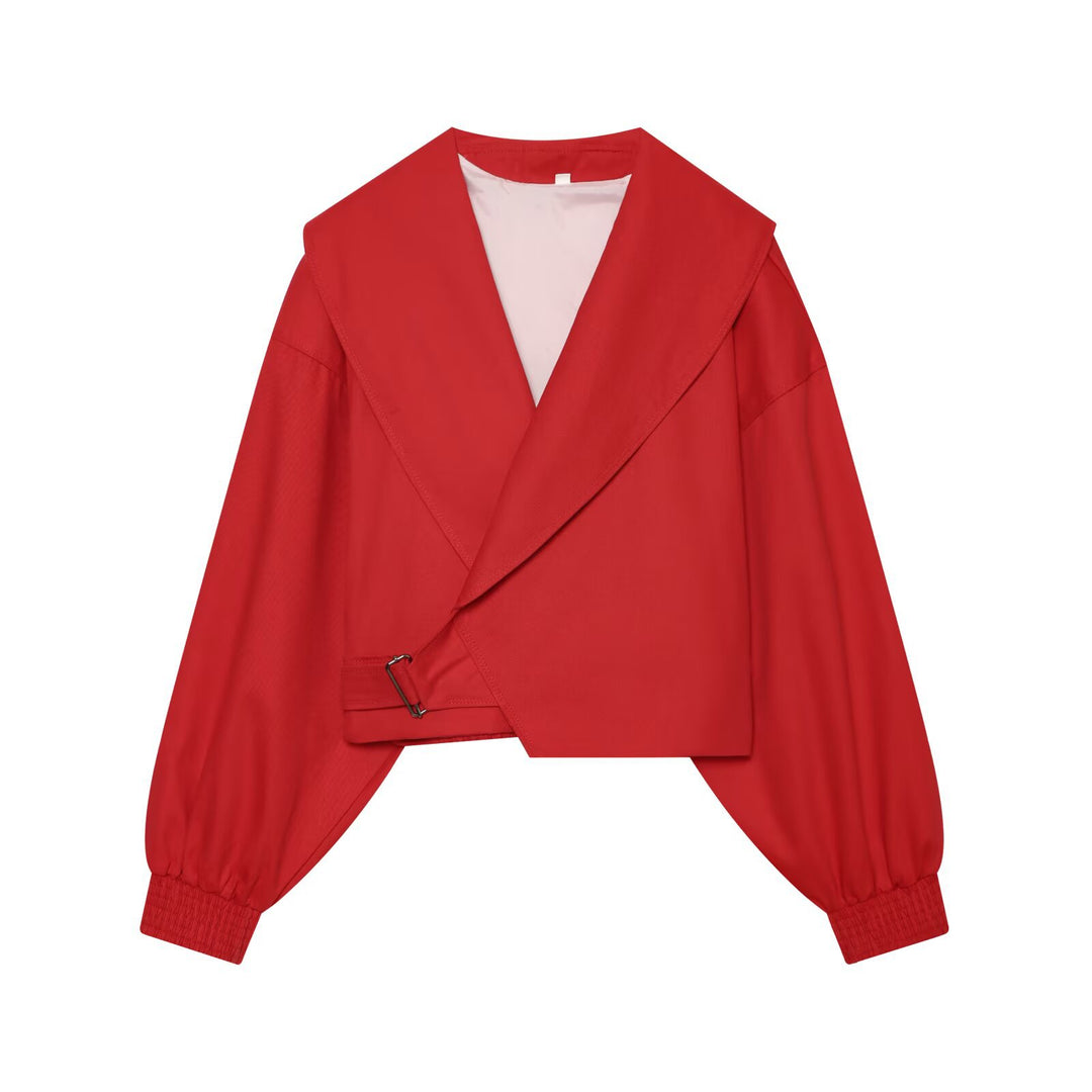 Damen Cropped-Manteljacke mit weitem Schalkragen, Taillenriegel und Ballonärmeln Drune