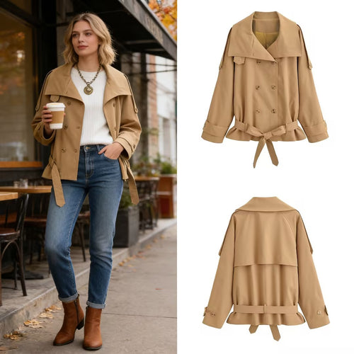 Damen Kurze Trenchjacke mit Capekragen, Schulterpatten und Schleifen-Taillengürtel Drune