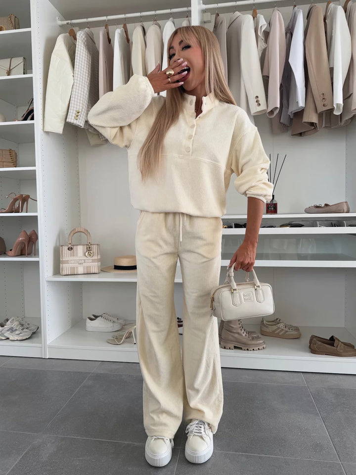 Damen Cord-Lounge-Set mit Henley-Kragen, Knopfleiste und weitem High-Waist-Hose Drune
