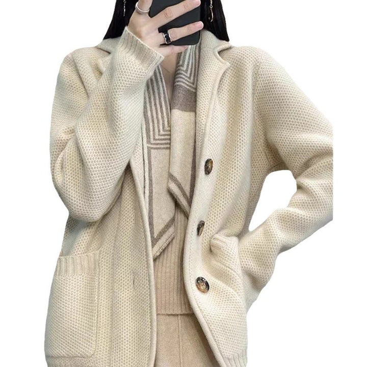 Damen kuschelige Strickjacke mit großen Taschen und elegantem Knopfverschluss Drune