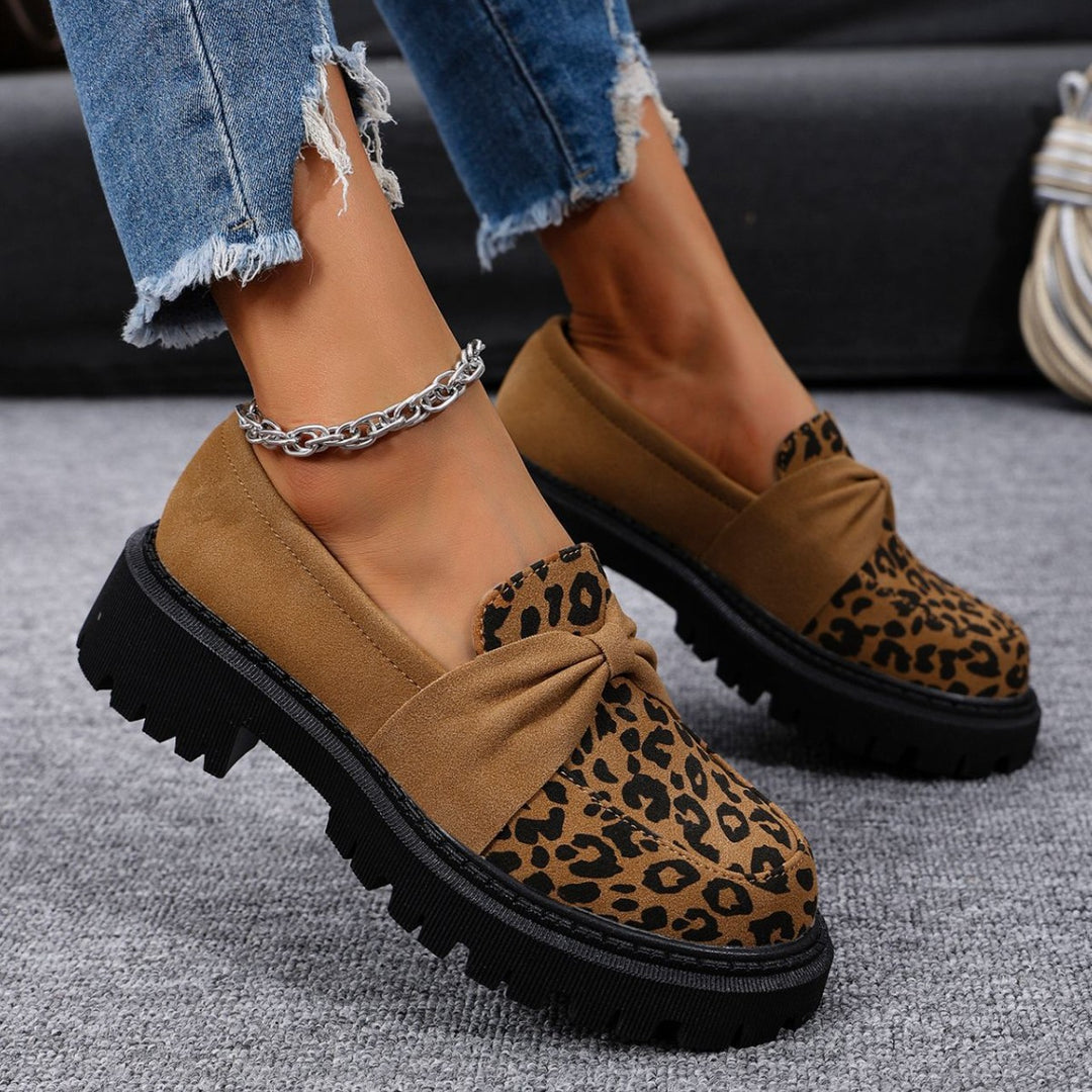 Damen Klobiger Loafer mit dekorativer Knotenschleife und Leoparden‑Spitze Drune