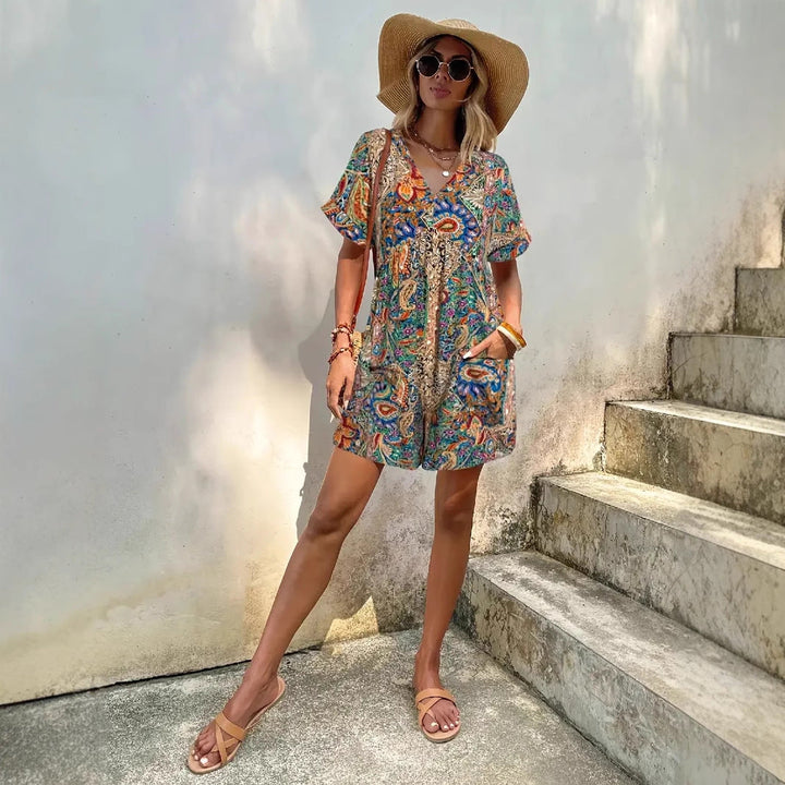 Damen lässiger Jumpsuit mit V-Ausschnitt und wickelbarem Design Drune