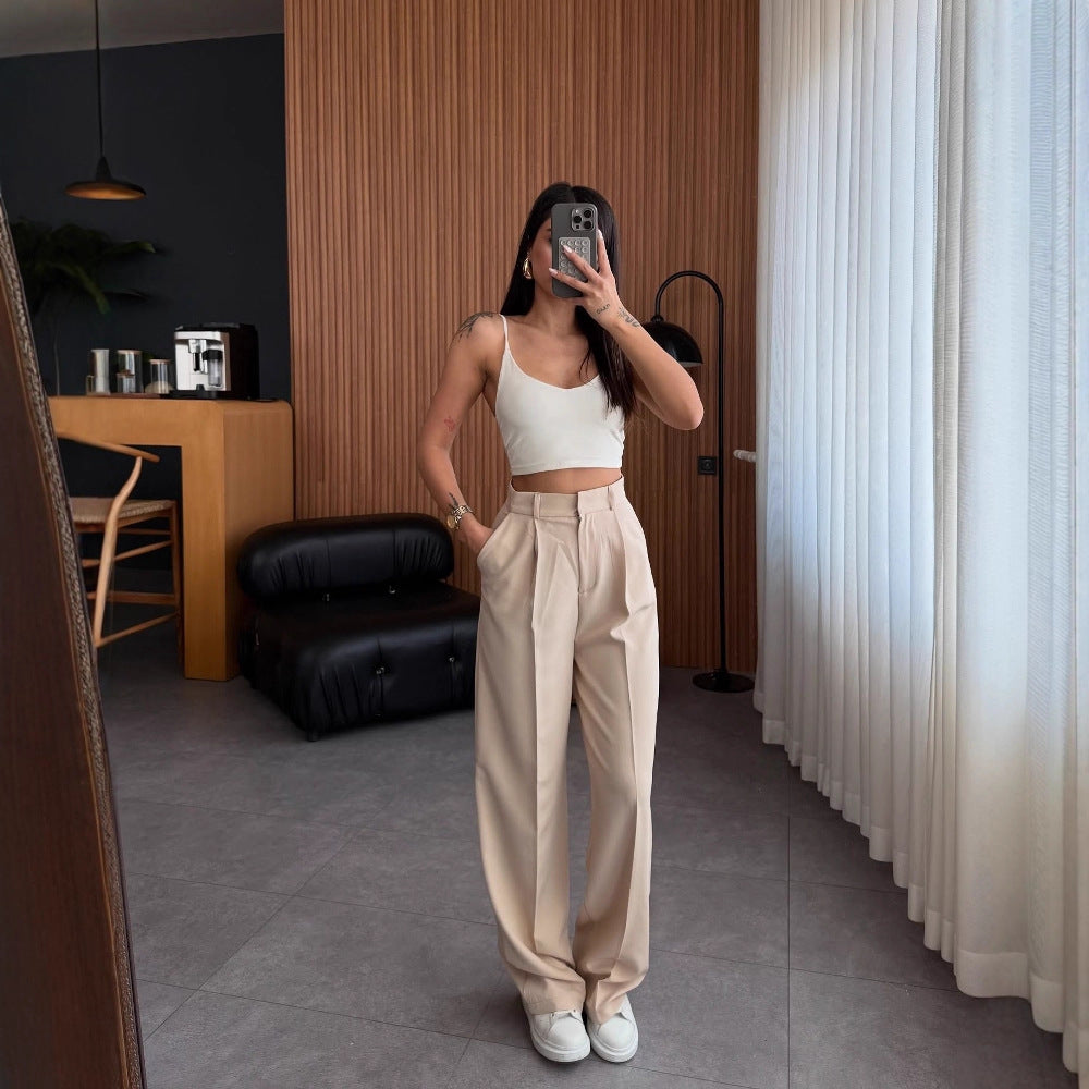 Damen hochgeschnittene Stoffhose mit geradem Bein Drune
