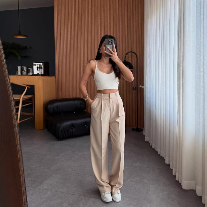 Damen hochgeschnittene Stoffhose mit geradem Bein Drune