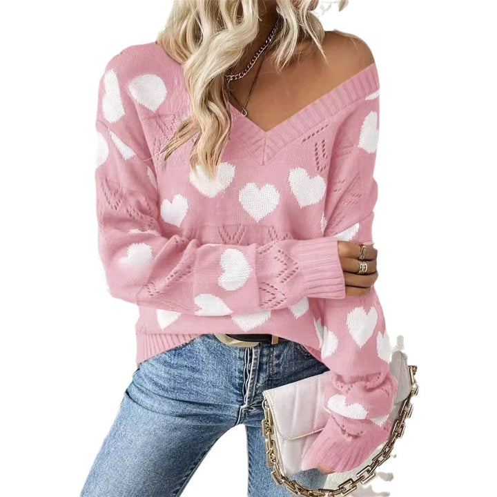 Damen kuscheliger Pullover mit herzförmigem Muster und V-Ausschnitt Drune