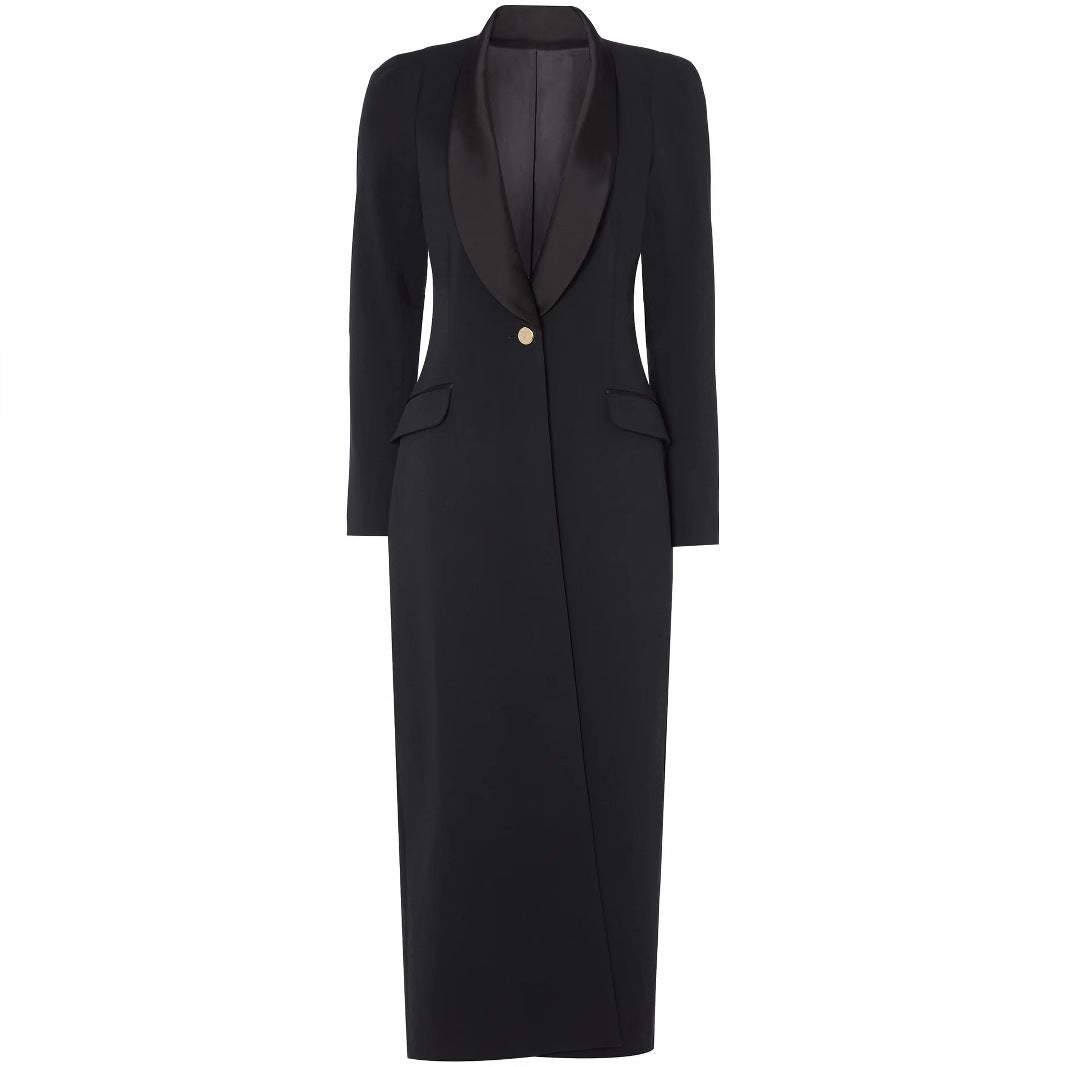 Damen Maxikleid im Smoking‑Blazer‑Stil mit Schalkragen und Ein‑Knopf‑Verschluss Drune