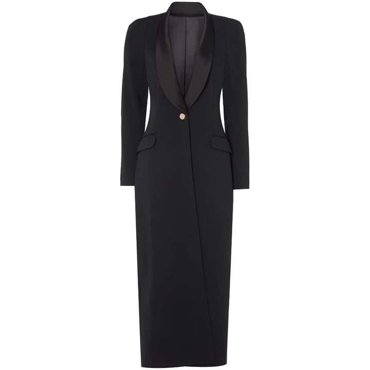 Damen Maxikleid im Smoking‑Blazer‑Stil mit Schalkragen und Ein‑Knopf‑Verschluss Drune