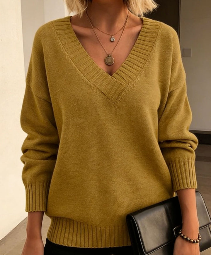 Damen Feinstrickpullover mit tiefem V-Ausschnitt und überschnittener Schulter Drune
