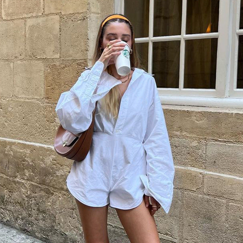 Damen nan taillierter Hemd‑Romper mit Langarm, verdeckter Knopfleiste und figurformender Taille Drune