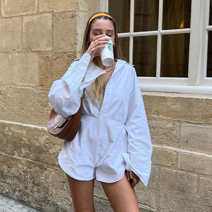 Damen nan taillierter Hemd‑Romper mit Langarm, verdeckter Knopfleiste und figurformender Taille Drune
