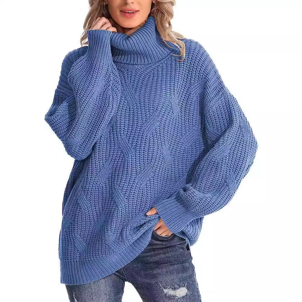 Damen Weicher Strickpullover mit hohem Kragen und Kabelmuster Drune