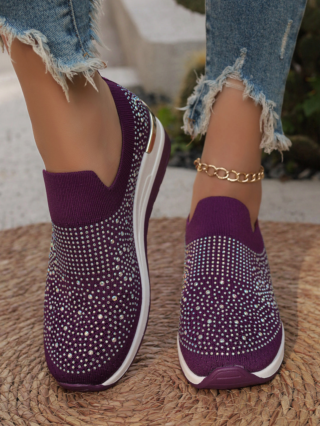 Damen  Strick Slip-On Sneaker mit funkelndem Strassbesatz, elastischem Einstieg und dämpfender Plateausohle Drune