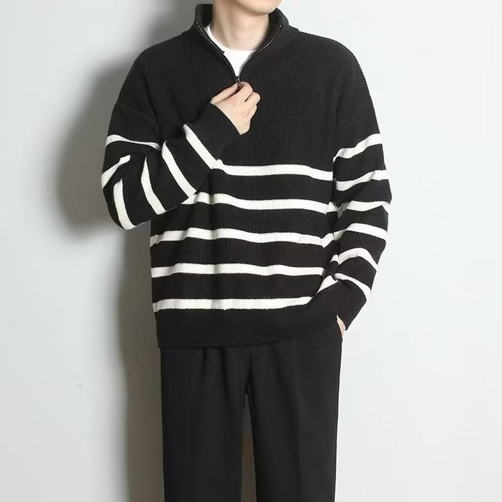 Herren Grobstrickpullover mit Zipper und Streifen Drune