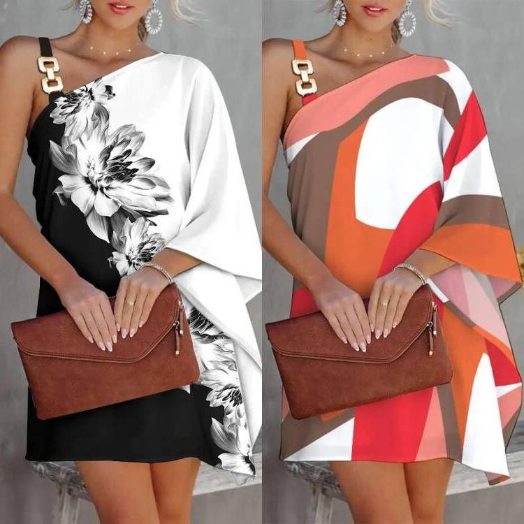 Damen asymmetrisches Modekleid mit floralem Design und elegantem Träger Drune