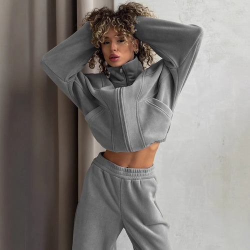 Damen kurzes Reißverschluss-Hoodie mit elastischem Bund und schmal zulaufender High-Waist-Jogginghose aus schwerem French-Terry Drune