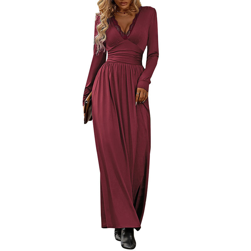 Damen Fließendes Maxikleid mit Spitzen‑V‑Ausschnitt, Wickel‑Taille und Seitenschlitz Drune