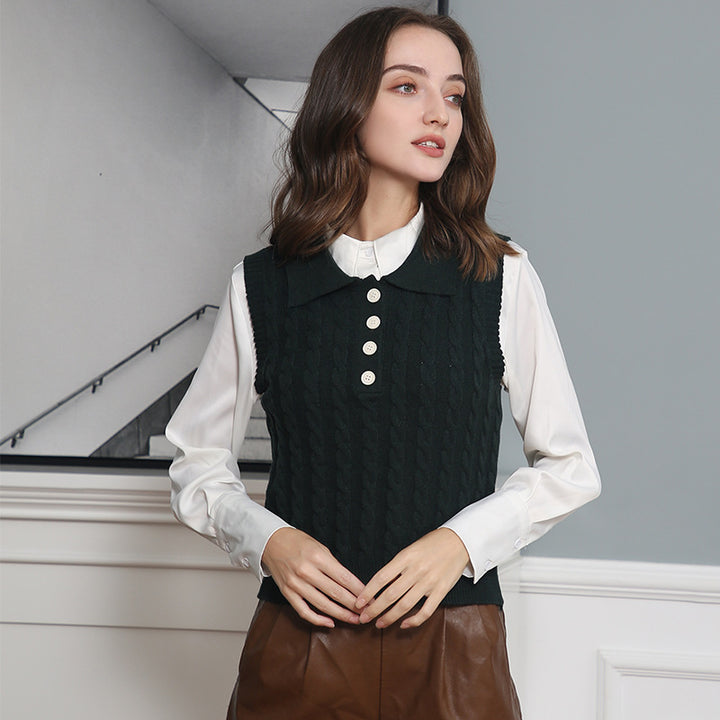 Damen Feinstrick-Ärmellose Polo-Weste mit Zopfmuster und tailliertem Schnitt Drune
