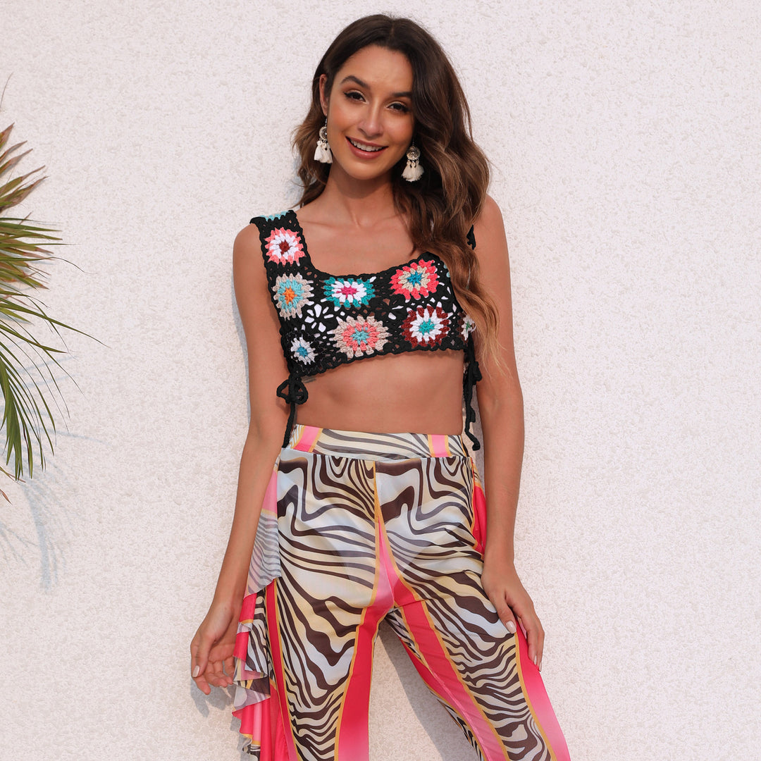 Damen gehäkeltes Crop-Top mit bunten Blumenmotiven Drune