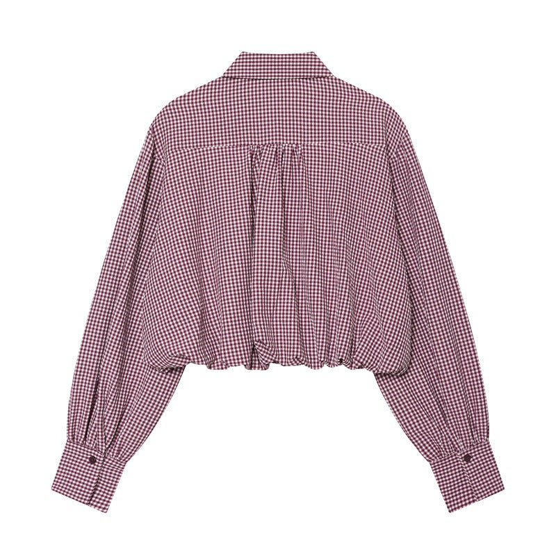 Damen Karierte Cropped Bluse mit Gummizugsaum Drune