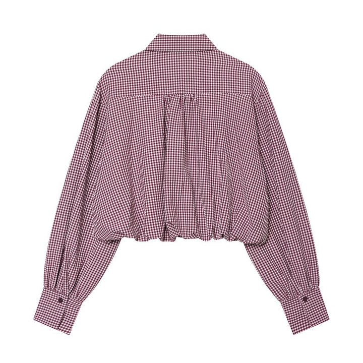 Damen Karierte Cropped Bluse mit Gummizugsaum Drune