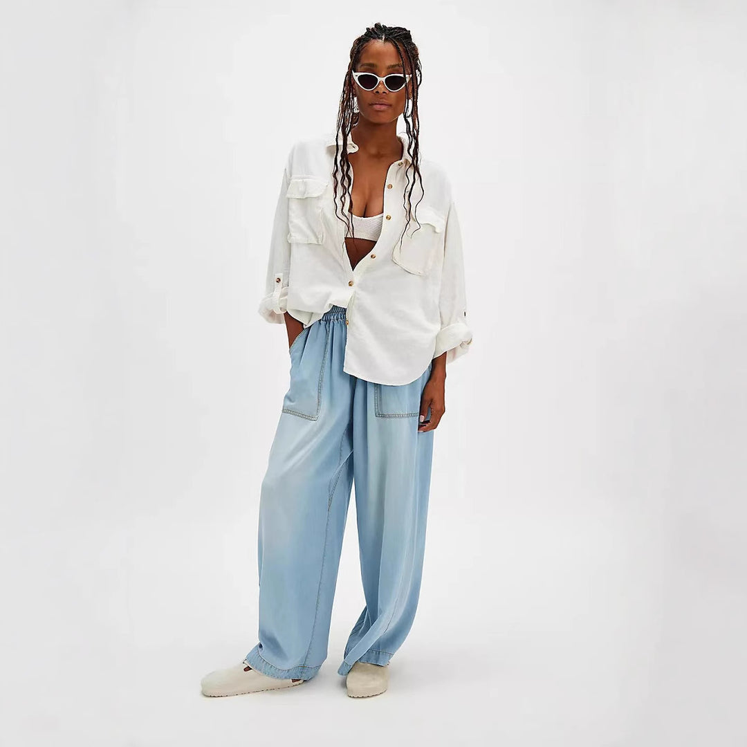 Damen nan weite Lyocell-Hose mit elastischem Kordelbund und großen aufgesetzten Fronttaschen Drune