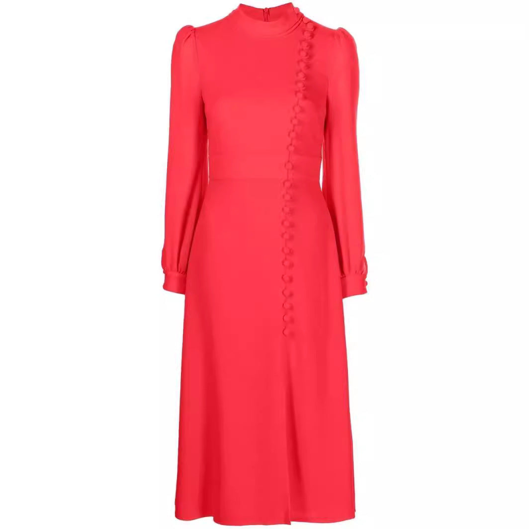 Damen Midikleid im Vintage‑Look mit hochgeschlossenem Kragen, asymmetrischer Zierknopfleiste und Frontschlitz Drune
