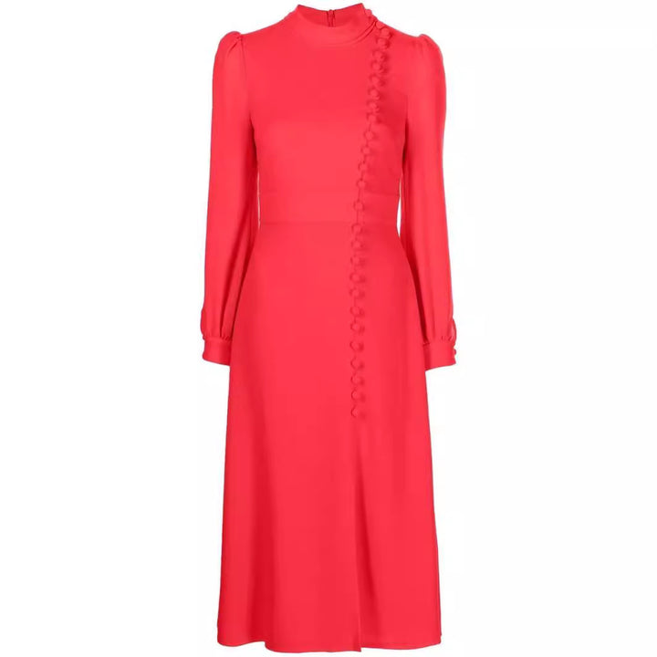 Damen Midikleid im Vintage‑Look mit hochgeschlossenem Kragen, asymmetrischer Zierknopfleiste und Frontschlitz Drune