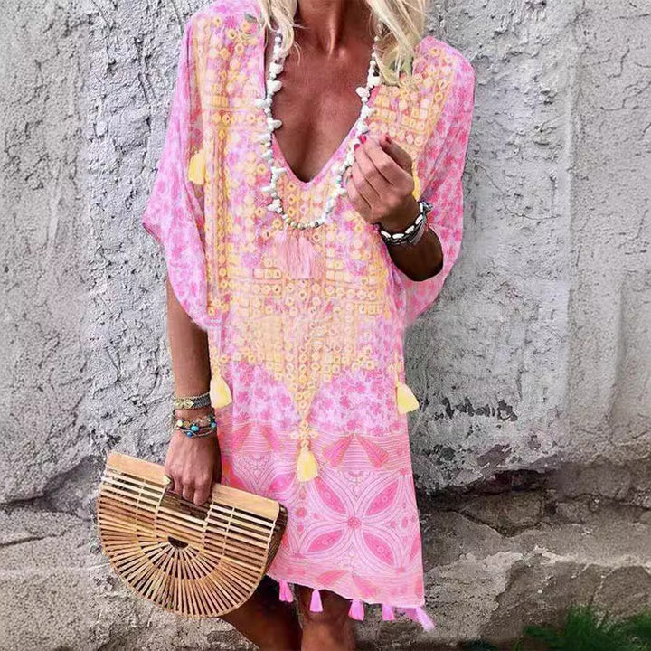Damen Boho-Chic Kaftan mit V-Ausschnitt und Tassel-Details Drune