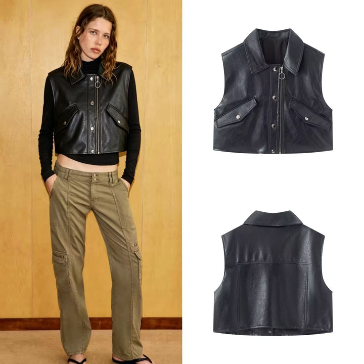 Damen Cropped Utility Weste aus Lederoptik mit Kragen, Ringzipper und aufgesetzten Pattentaschen Drune