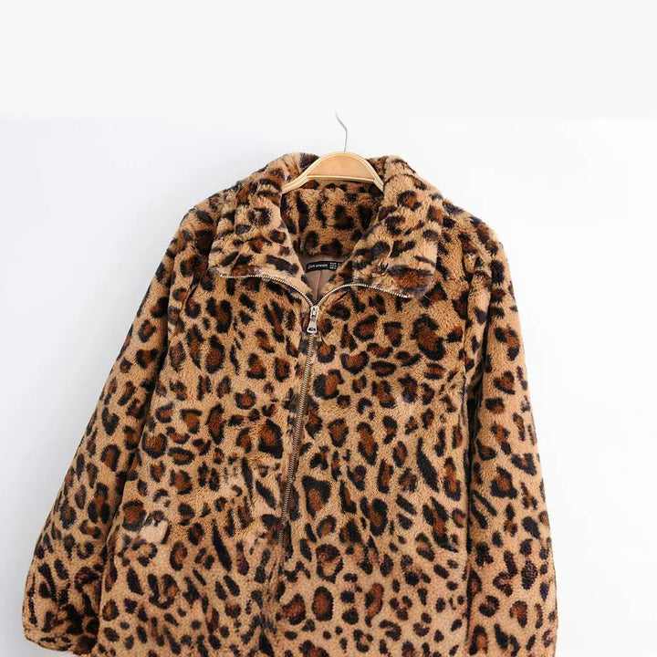 Damen Kunstfelljacke mit Leopardenmuster, durchgehendem Reißverschluss und elastischem Saum Drune