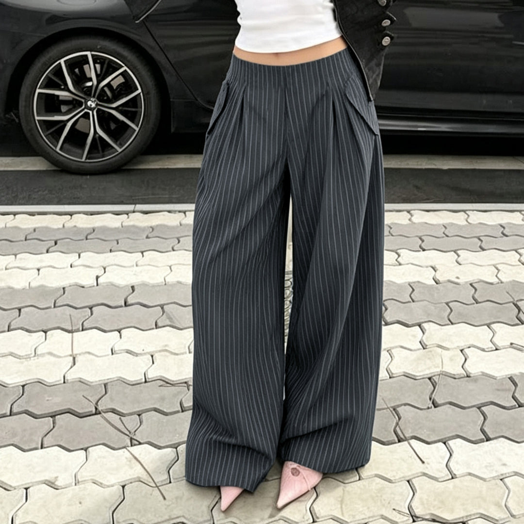 Damen Hochtaillierte Nadelstreifen Palazzo-Hose mit weitem Bein und dekorativen Seitenschlitzen Drune