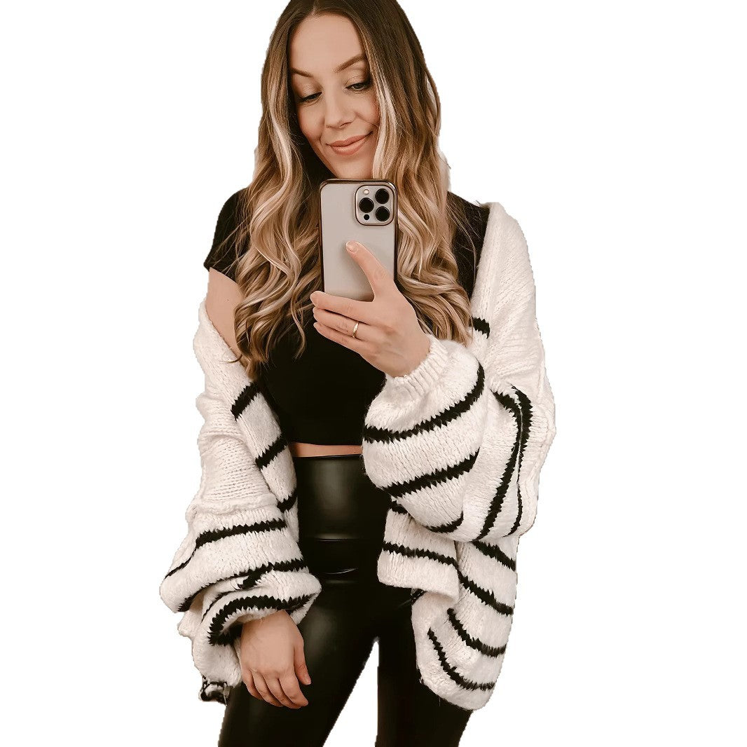 Damen Gemütliche Strickjacke mit Streifenmuster und weit geschnittenen Ärmeln Drune