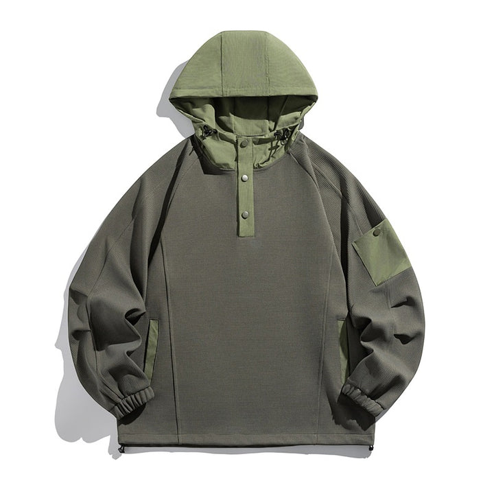 Unisex Oversize Kapuzen-Anorak-Pullover mit halber Druckknopfleiste, Utility-Ärmeltasche und Thermostruktur Drune