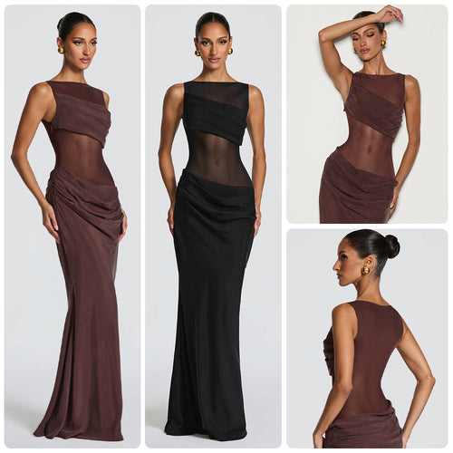 Damen Elegantes Abendkleid mit transparentem Oberteil und raffinierten Rüschen Drune