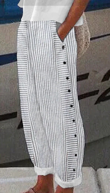 Damen Leichte Gestreifte Hose mit Seitlichen Knopfverschluss und Elastischem Bund Drune