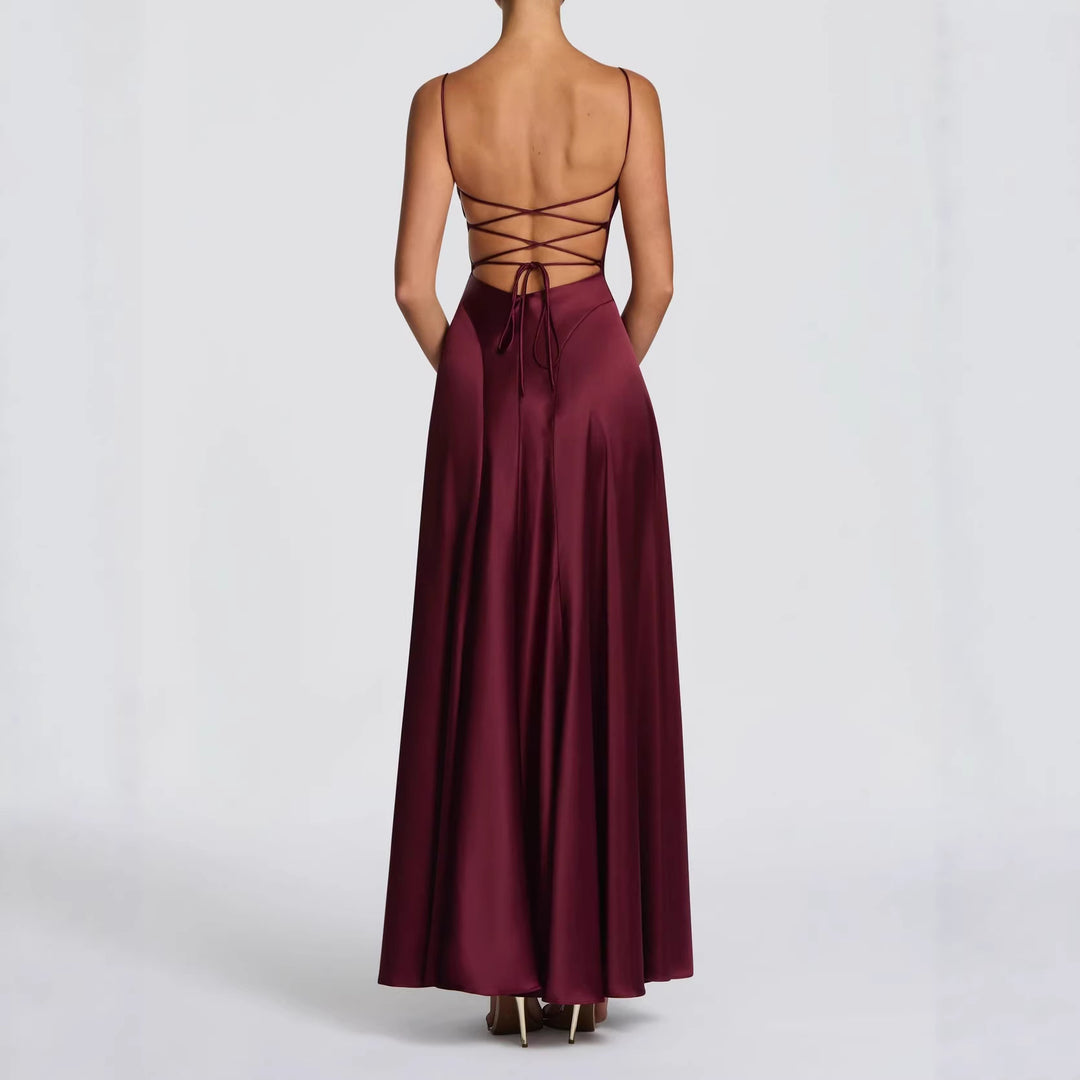 Damen Elegantes Maxi-Kleid mit fließendem Satin und verführerischem Spaghettiträger Drune
