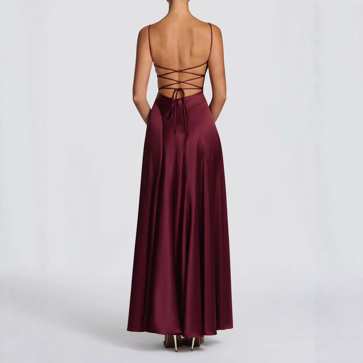 Damen Elegantes Maxi-Kleid mit fließendem Satin und verführerischem Spaghettiträger Drune