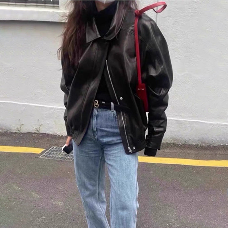 Damen Lässige Kunstlederjacke mit voluminösen Ärmeln Drune