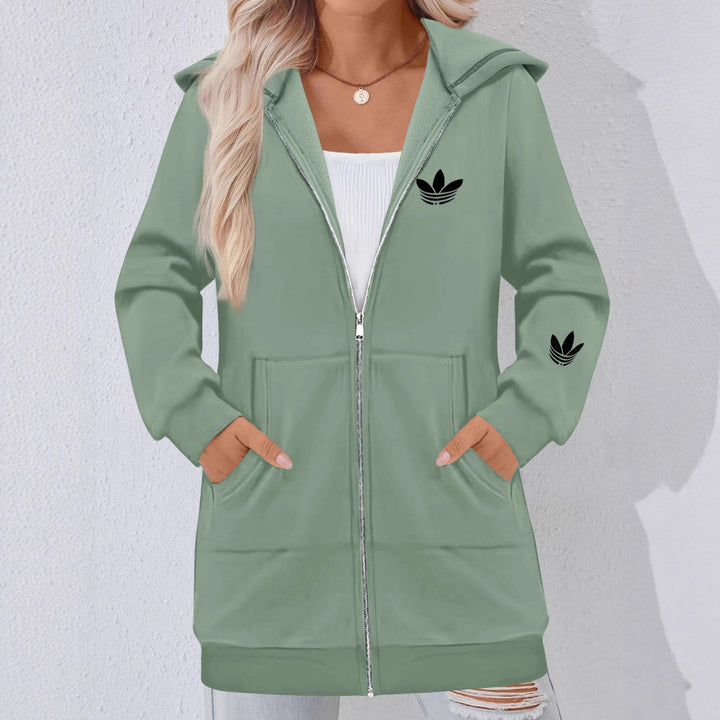 Damen Lange Kapuzen-Sweatjacke mit Metallreißverschluss, Kängurutaschen und figurumspielender Silhouette Drune