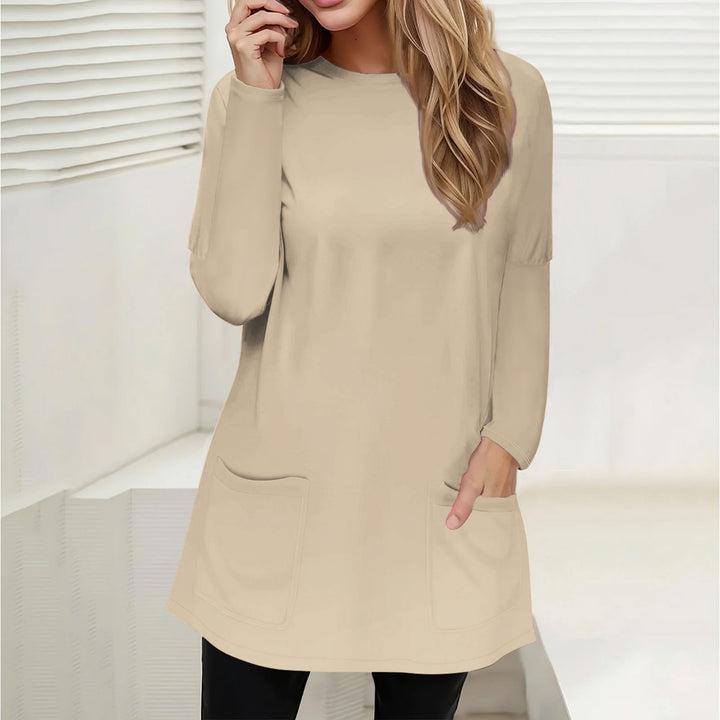 Damen Freizeit Longline Tunika mit Rundhalsausschnitt und aufgesetzten Taschen Drune