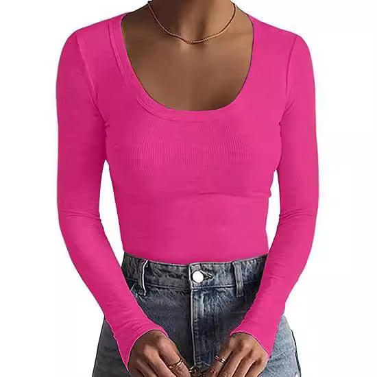 Damen Schmal geschnittenes Langarm-Feinstricktop mit weitem U-Ausschnitt Drune