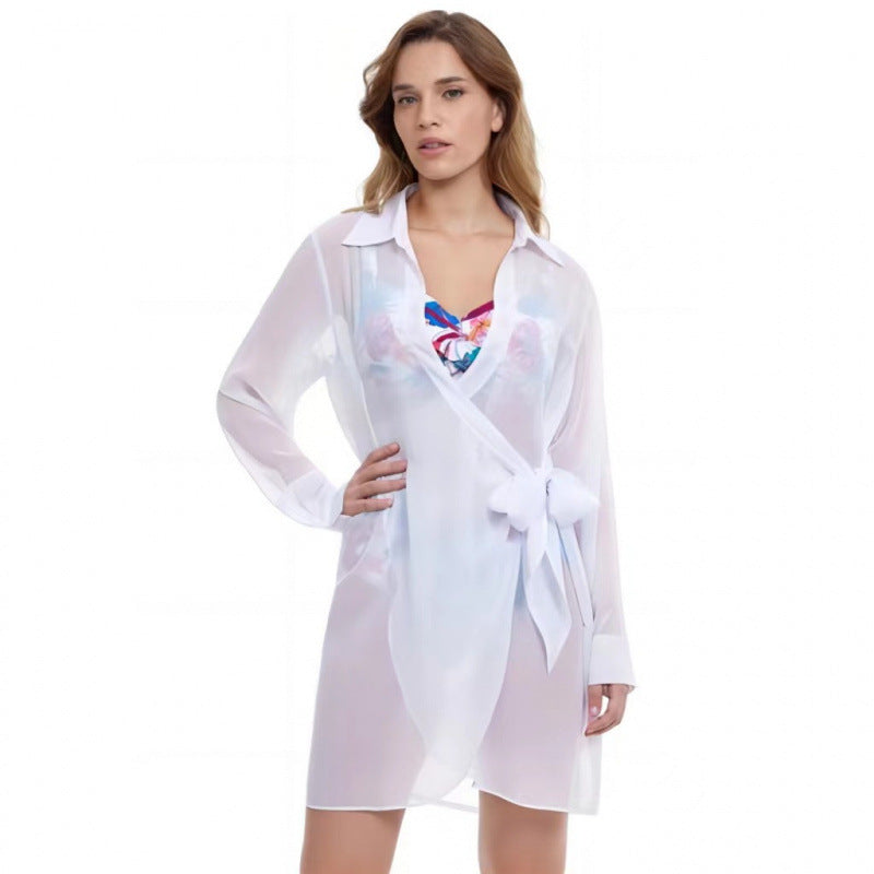 Damen Strandüberwurf mit elegantem Wickeldetail und transparentem Stoff Drune
