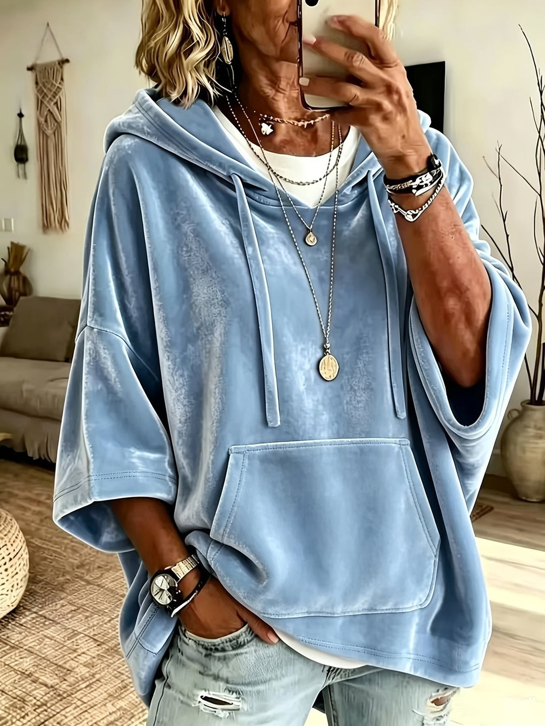Damen Oversize Samt-Hoodie mit halbarm, Kapuze und Kängurutasche Drune